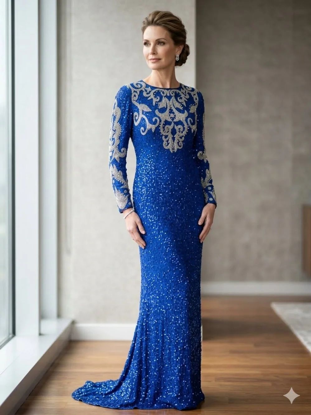 Vintage Royal Blue Long Sleeve Beaded Evening Gown fits like 1x
